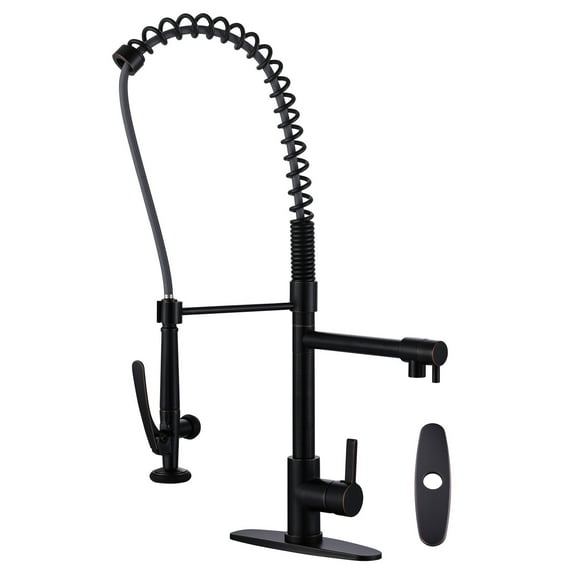 WOWOW Single Handle Deck Mount Gooseneck Pull Out Sprayer Kitchen Faucet with Supply Lines Included in Oil Rubbed Bronze