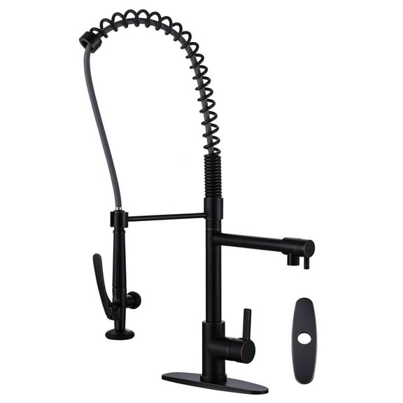 WOWOW Single Handle Deck Mount Gooseneck Pull Out Sprayer Kitchen Faucet with Supply Lines Included in Oil Rubbed Bronze