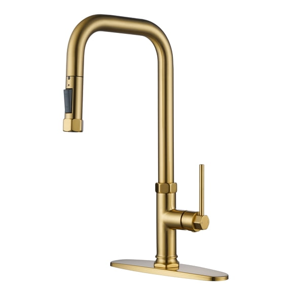 WOWOW Single Handle Pull Down Sprayer Kitchen Faucet in Gold with Deck Plate