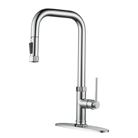 WOWOW Single Handle Pull Down Sprayer Kitchen Faucet in Polished Chrome with Deck Plate