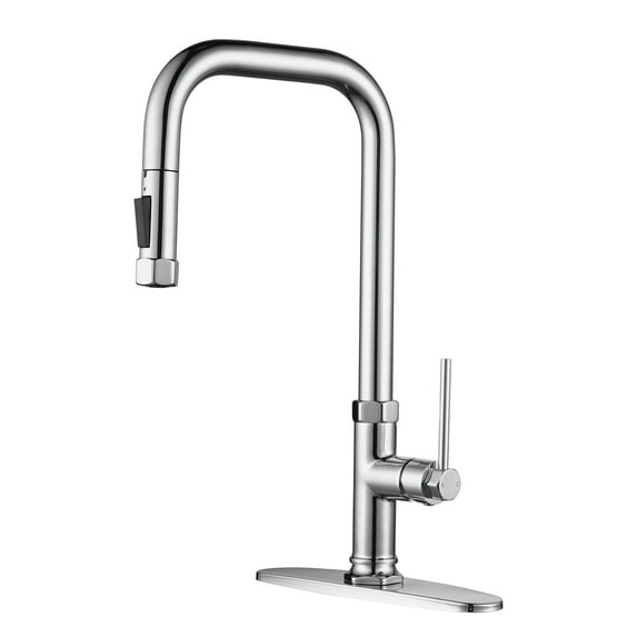 WOWOW Single Handle Pull Down Sprayer Kitchen Faucet in Polished Chrome with Deck Plate