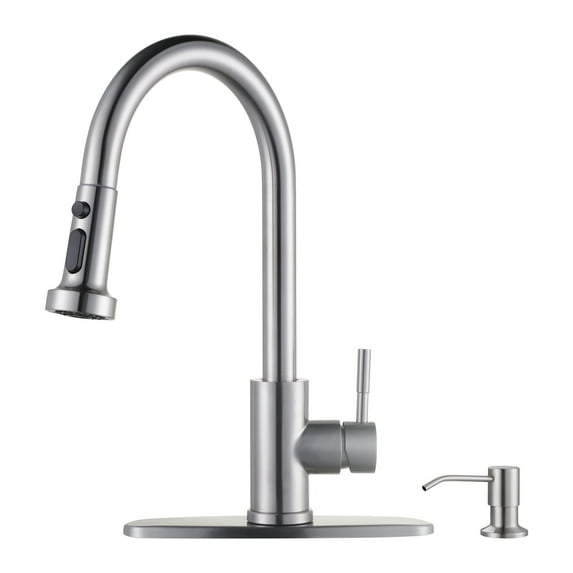 WOWOW Single Handle Pull-Down Sprayer Kitchen Faucet with Advanced Spray and Soap Dispenser in Brushed Nickel