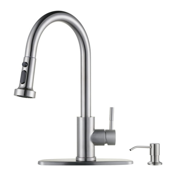 WOWOW Single Handle Pull-Down Sprayer Kitchen Faucet with Advanced Spray and Soap Dispenser in Brushed Nickel