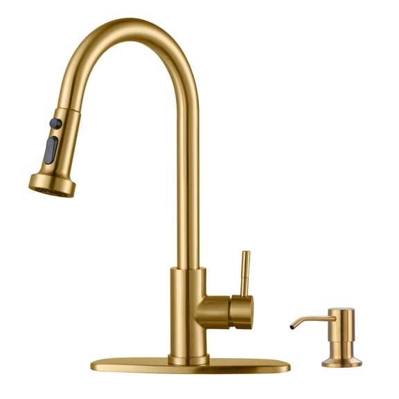 WOWOW Single Handle Pull-Down Sprayer Kitchen Faucet with Advanced Spray and Soap Dispenser in Gold
