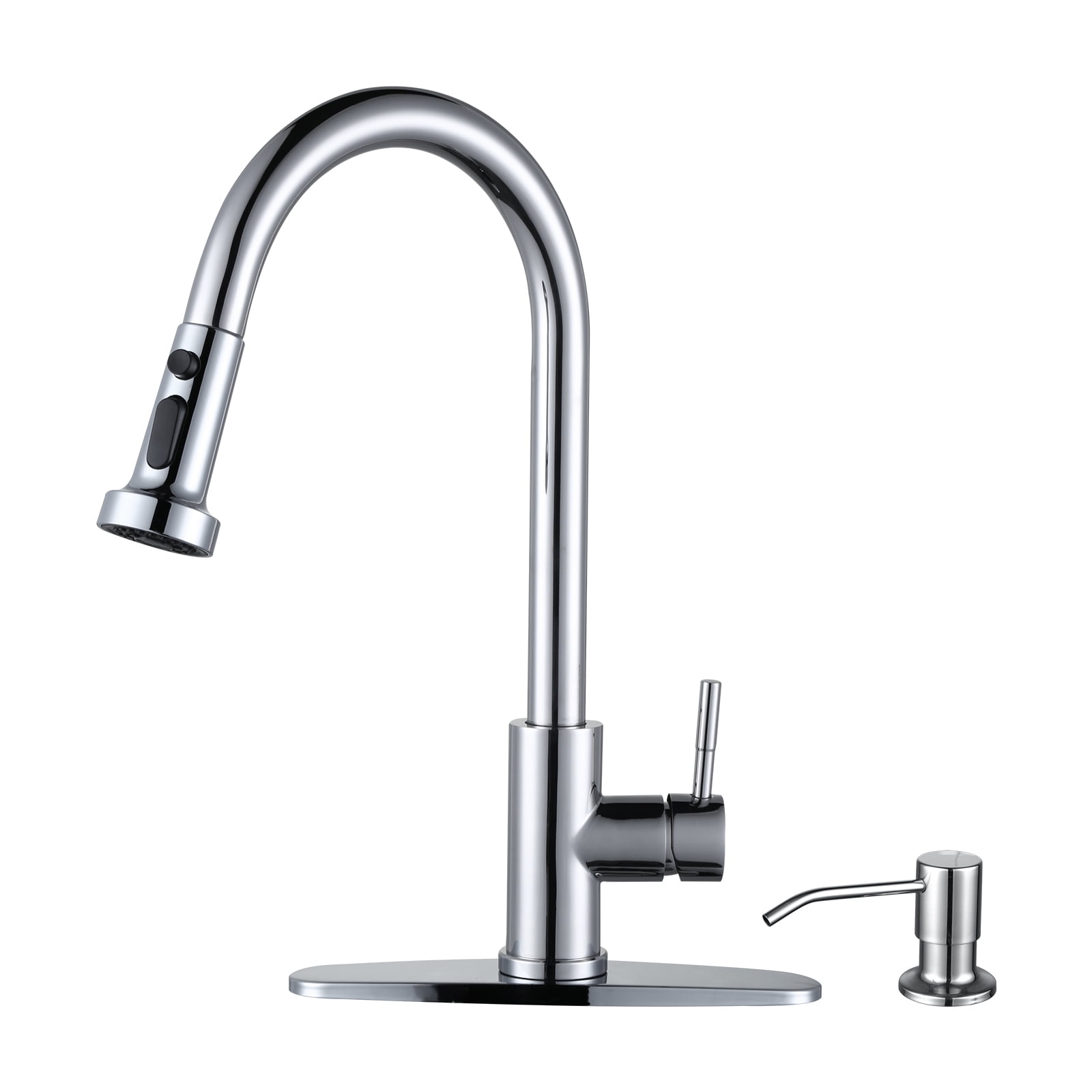 Polished Chrome Stainless Steel Pull-Down Kitchen Faucet with Soap Dispenser