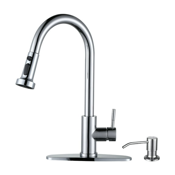 WOWOW Single Handle Pull-Down Sprayer Kitchen Faucet with Advanced Spray and Soap Dispenser in Polished Chrome