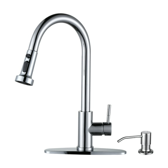 WOWOW Single Handle Pull-Down Sprayer Kitchen Faucet with Advanced Spray and Soap Dispenser in Polished Chrome