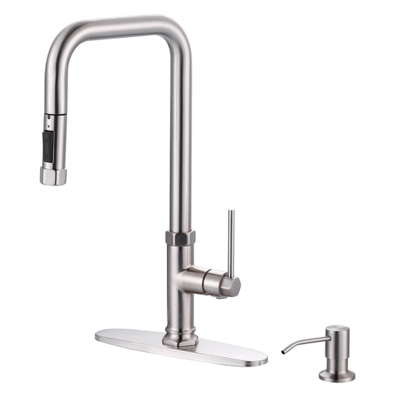 WOWOW Single-Handle Pull Down Sprayer Kitchen Faucet with Pull Out Spray Wand and Soap Dispenser in Brushed Nickel