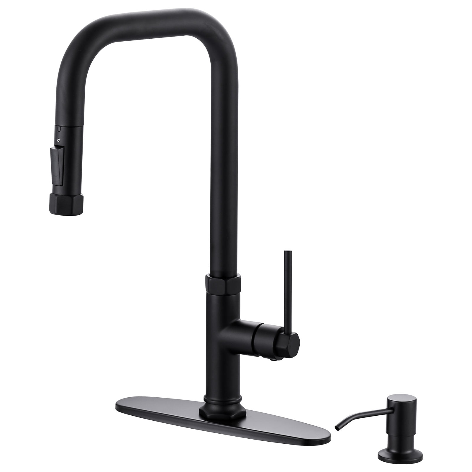 WOWOW Single-Handle Pull Down Sprayer Kitchen Faucet with Pull Out Spray Wand and Soap Dispenser in Matte Black