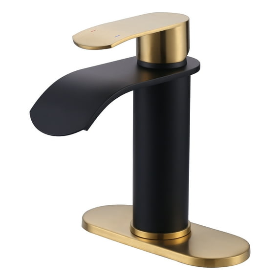 WOWOW Waterfall Bathroom Faucet,Black and Gold Bathroom Sink Faucet for 1 Hole or 3 Holes, Single Handle Vanity Faucet with Metal Pop up Drain, Stainless Steel Basin Sink Faucet Tap for RV Lavatory