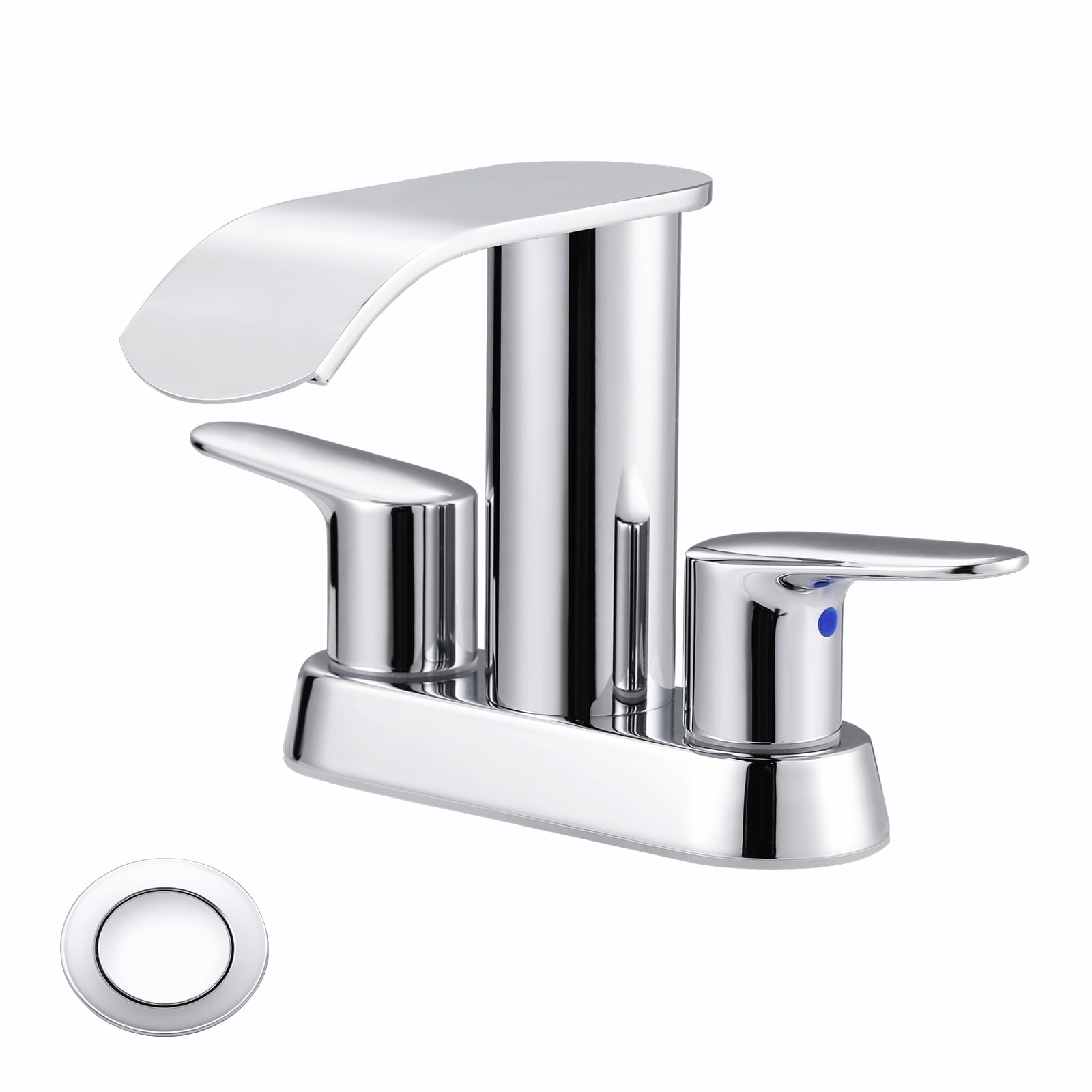 WOWOW Waterfall Bathroom Sink Faucet,Chrome Two Handles Bathroom Faucet with Metal Pop up Sink Drain Stopper, 2 or 3 Holes Bathroom Basin Lavatory Mixer Tap with Deck Mount Plate