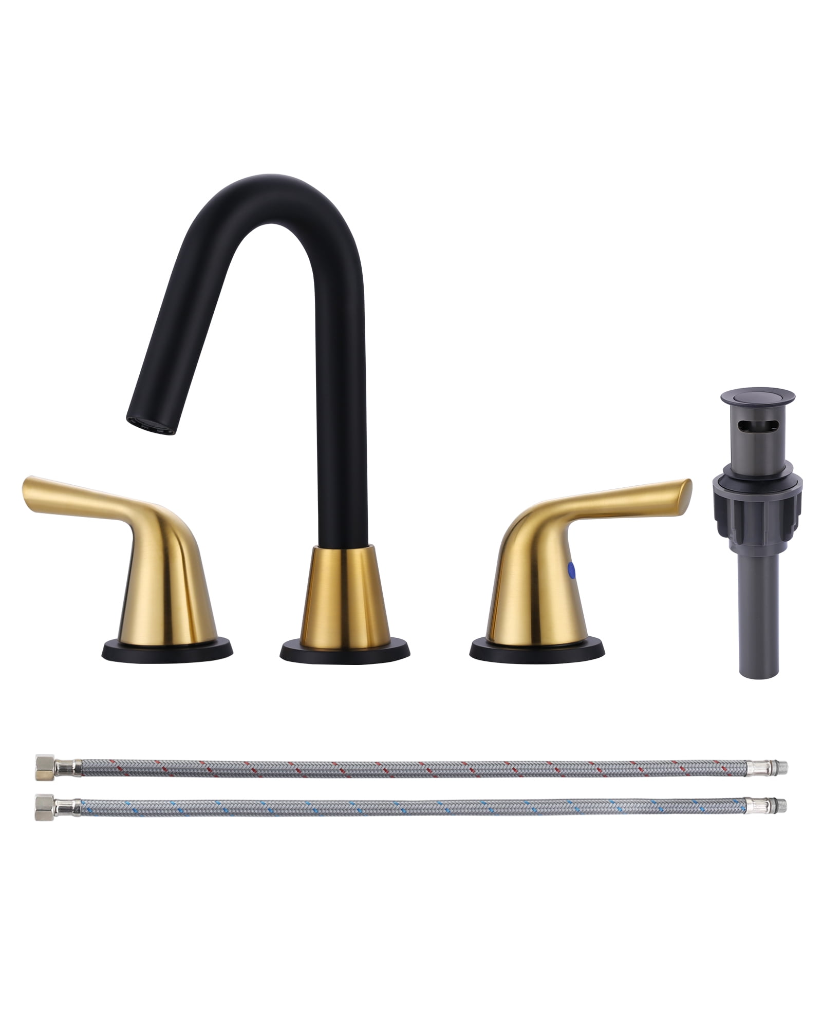 WOWOW Widespread Bathroom Faucets for Sink 3 Hole Black & Gold, 8 inch Bathroom Faucet with Pop Up Drain Assembly and Water Supply Lines 2 Handle 360° Swivel Spout Basin Faucets for Vanity Lavatory