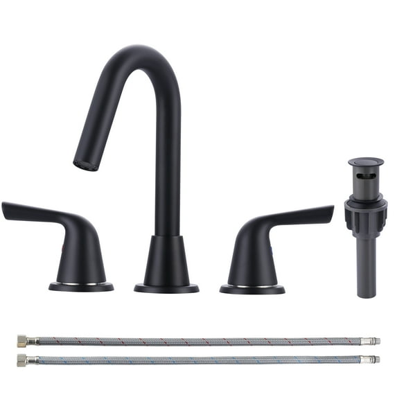 WOWOW Widespread Bathroom Faucets for Sink 3 Hole Matte Black, 8 inch Bathroom Faucet with Pop Up Drain Assembly and Water Supply Lines 2 Handle 360° Swivel Spout Basin Faucets for Vanity Lavatory