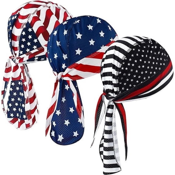 Wowstyle 3 Pcs Do Rags Skull Caps for Men Fashion Flag Sweat Wicking Helmet Liner Beanie Breathable Motorcycle Cycling Sports Cap Welding Cap Pirate Hat