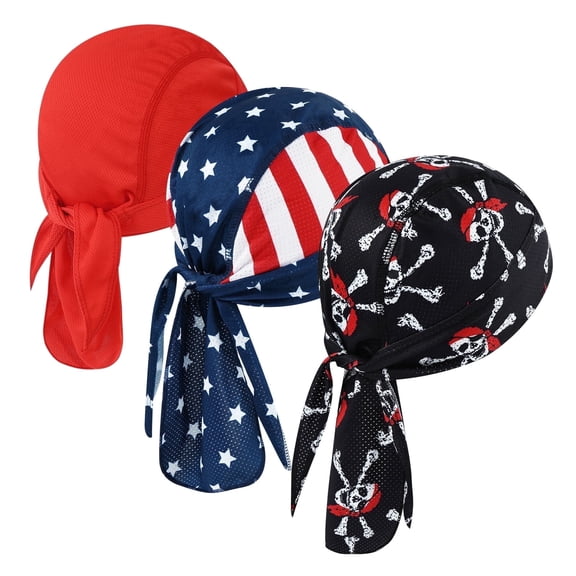 Wowstyle 3 Pcs Do Rags Skull Caps for Men Fashion Sweat Wicking Helmet Liner Beanie Breathable Motorcycle Cycling Sports Cap Welding Cap Pirate Hat , FLagRed