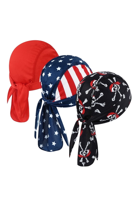 3 Pcs Do Rags Skull Caps for Men Fashion Sweat Wicking Helmet Liner Beanie Breathable Motorcycle Cycling Sports Cap Welding Cap Pirate Hat , FLagRed