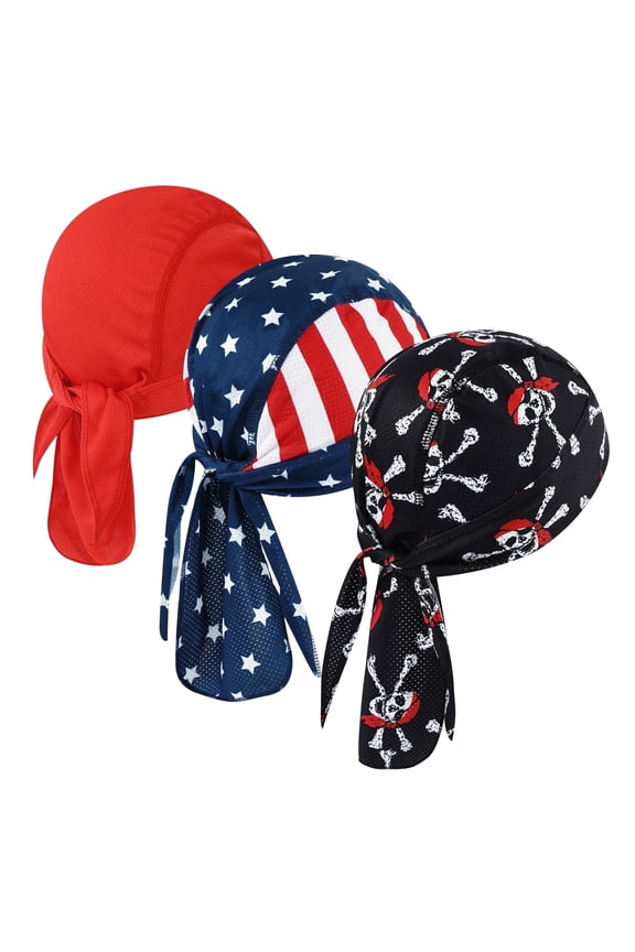 3 Pcs Do Rags Skull Caps for Men Fashion Sweat Wicking Helmet Liner Beanie Breathable Motorcycle Cycling Sports Cap Welding Cap Pirate Hat , FLagRed