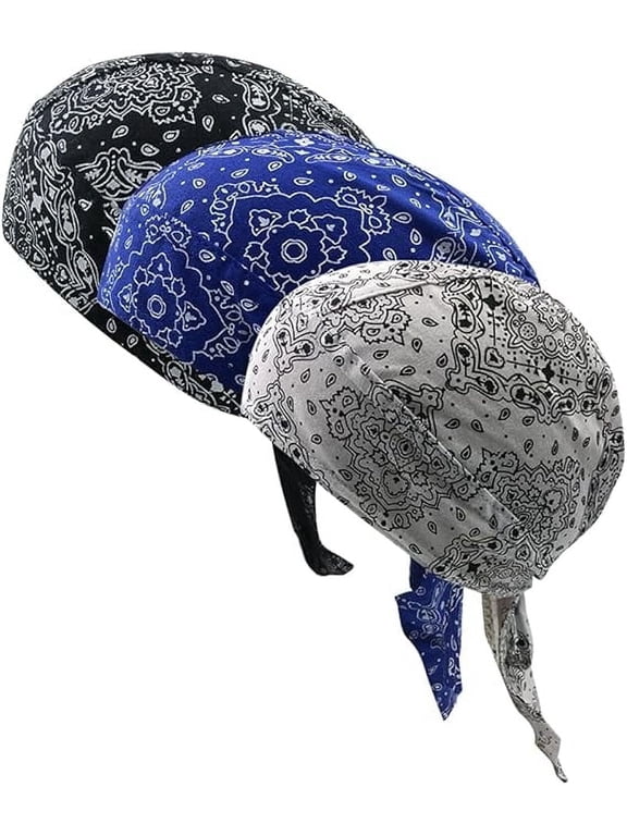 3 Pcs Sweat Wicking Doo Rags for Men Cotton Skull Cap Beanie Cap Bandana Headband