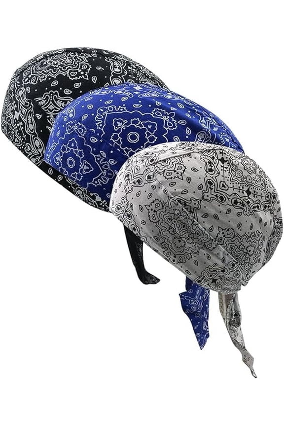3 Pcs Sweat Wicking Doo Rags for Men Cotton Skull Cap Beanie Cap Bandana Headband