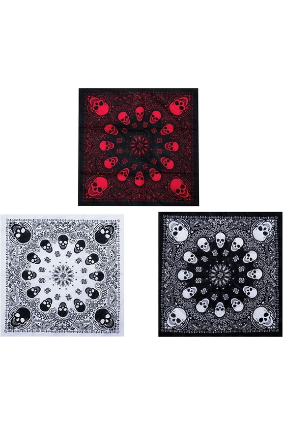 3pcs Skull Bandanas for Men Women Scarf Stylish Paisley Pocket Squares Cowboy Wraps Headwraps for Hip Hop