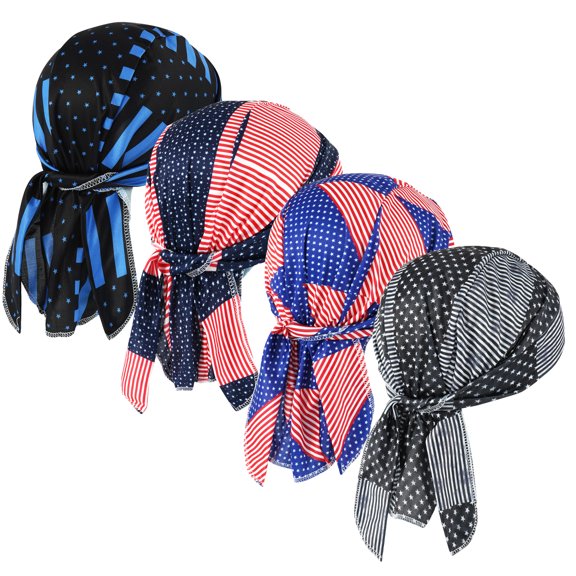 WOWSTYLE 4 Pcs Do Rags Skull Caps for Men Fashion Flag Sweat Wicking Helmet Liner Beanie Breathable Motorcycle Cycling Sports Cap Welding Cap Pirate Hat Valentine's Day Gift