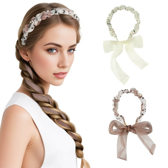 Wowstyle Braided Ribbon Headbands for Women Fashion Streamer Knotted Hairbands Beautiful Christmas Flower Crown Pearl Head Bands Headwear Accessories Green Bean Paste Pink