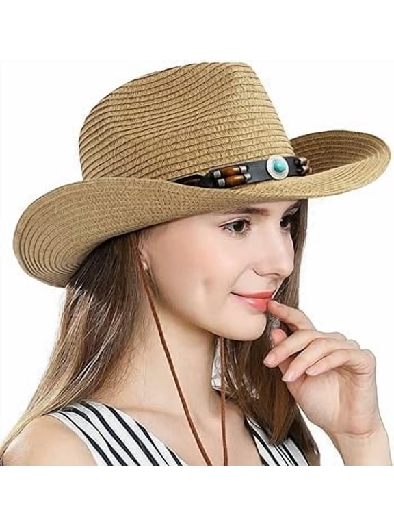Cowgirl Straw Hat for Women Men Western Straw Cowboy Hats Packable Wide Brim Beach Summer Sun Cap with Decorative Band
