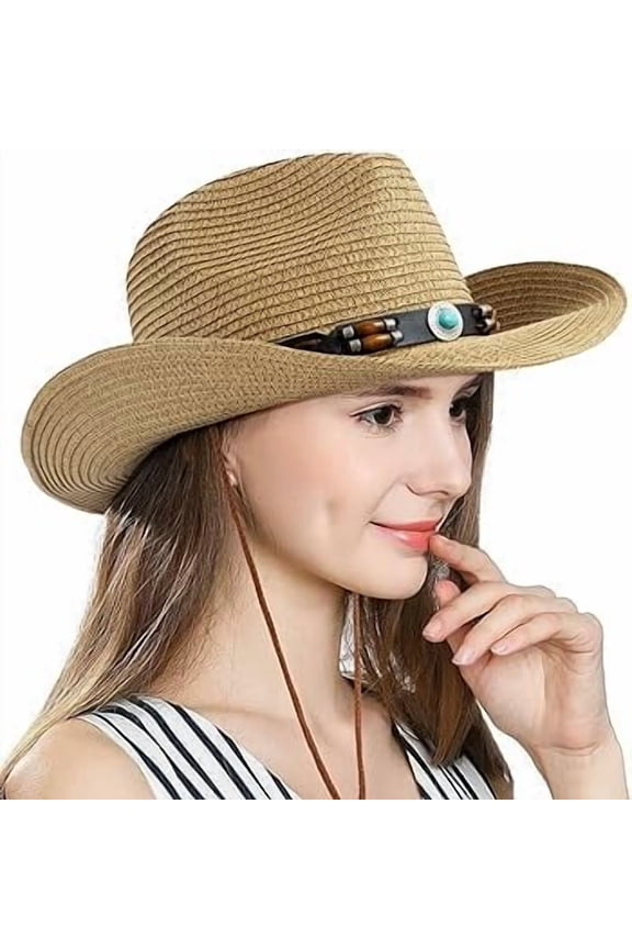 Cowgirl Straw Hat for Women Men Western Straw Cowboy Hats Packable Wide Brim Beach Summer Sun Cap with Decorative Band