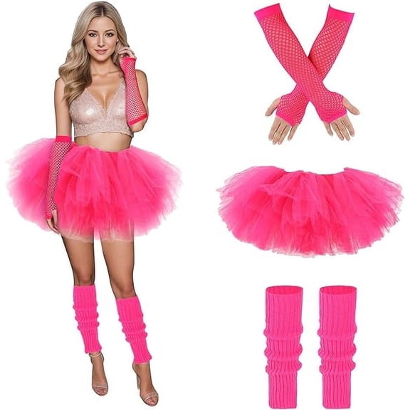 Wowstyle 80s Costume for Women Tutu Skirt Pink Tulle 6 Layered Leg Warmers Fingerless Gloves Set Halloween Rave Party Dance Running Outfit Accessories