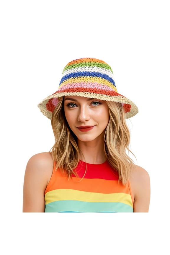 Rainbow Stripe Straw Sun Hat for Women Foldable Wide Brim Crochet Straw Bucket Hat Floppy Hand Woven Fisherman Beach Hat UPF 50+ Beach Travel Pride Accessories , Rainbow