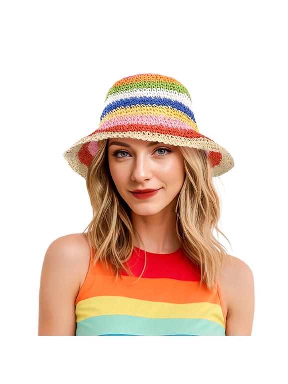 Rainbow Stripe Straw Sun Hat for Women Foldable Wide Brim Crochet Straw Bucket Hat Floppy Hand Woven Fisherman Beach Hat UPF 50+ Beach Travel Pride Accessories , Rainbow