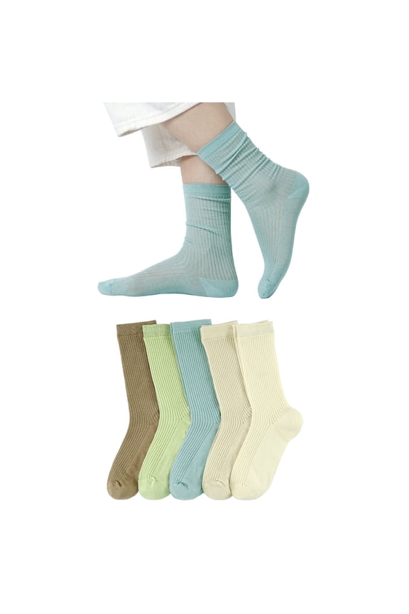 Womens Sheer Socks Casual Mid-Calf Ankle Socks Breathable Cool Knit Cotton Crew Frilly Thin Sock 5 Pack