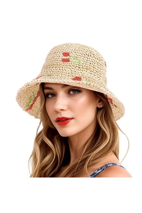 Cherry Straw Sun Hat for Women Packable Wide Brim Straw Hat Aesthetic Fruits Print Bucket Hats Adjustable Rope, Beige
