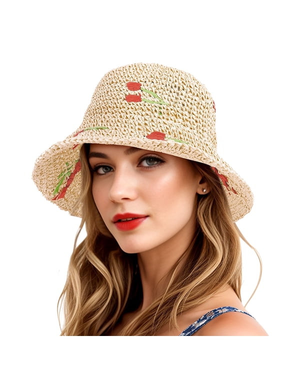 Cherry Straw Sun Hat for Women Packable Wide Brim Straw Hat Aesthetic Fruits Print Bucket Hats Adjustable Rope, Beige