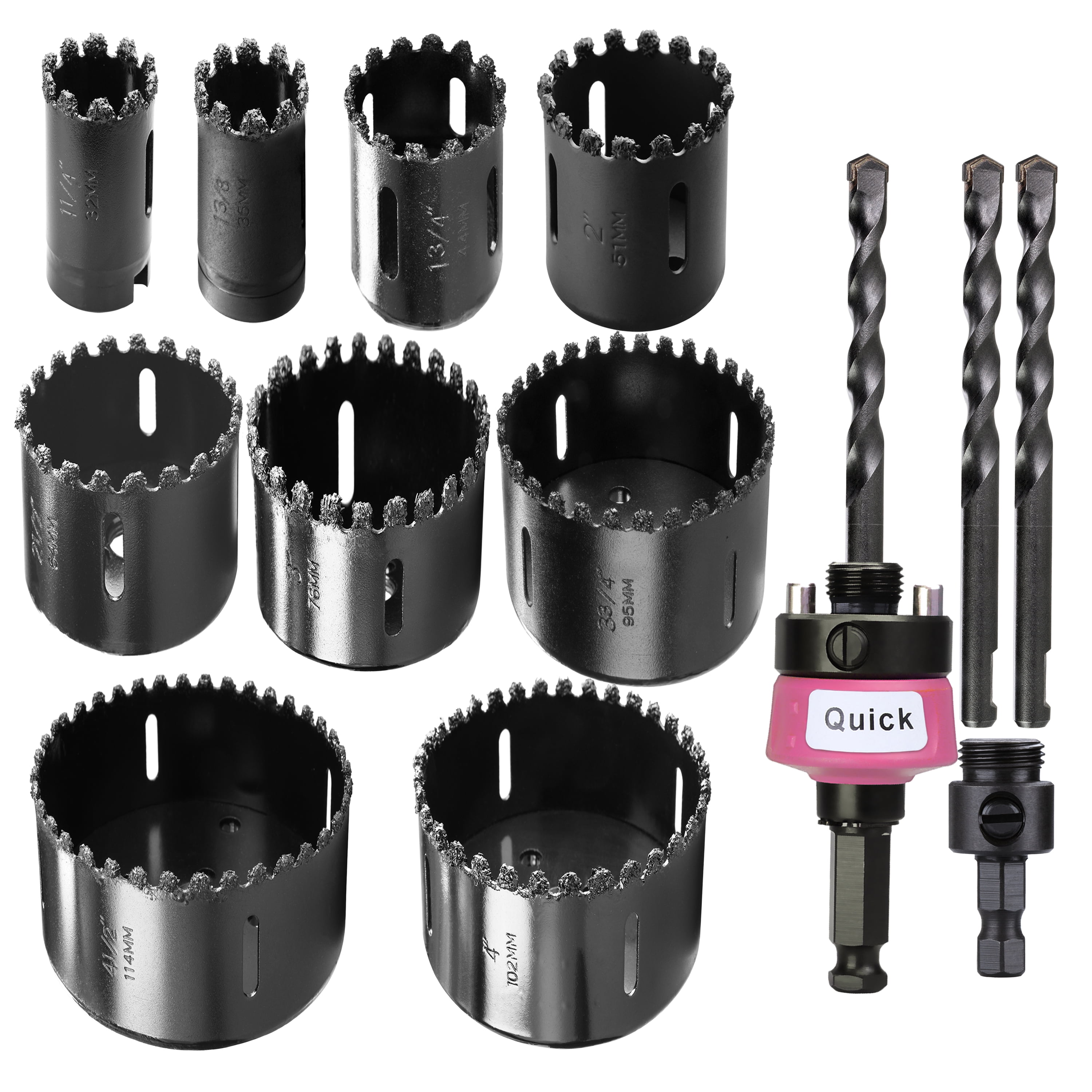 WOWSUPM 1-1/4 to 3-3/4, 4, 4-1/2” 9pcs Carbide Grit Hole Saw Cutting Air Brick Stucco Hardy Plank Drywall Cement Board with Pilot Drill Bits Up to 3X Long Life