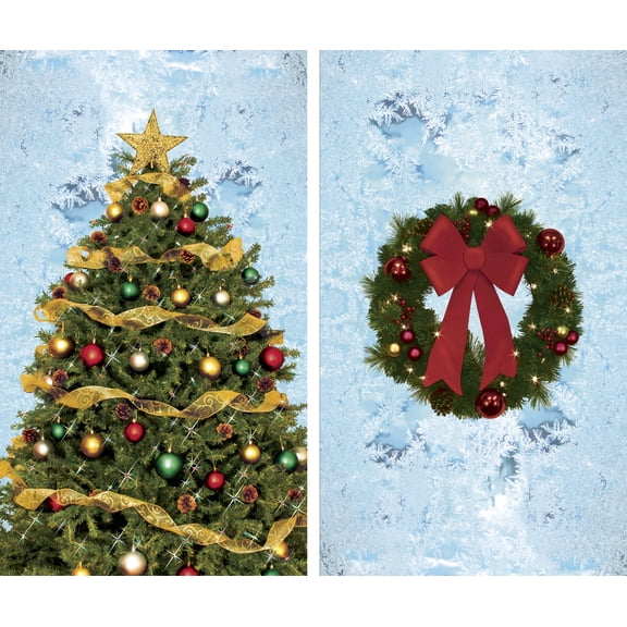 WOWindow Posters Christmas Tree and Wreath Combo Frosted Background Christmas Window Decoration Two 34.5"x60"Backlit Posters