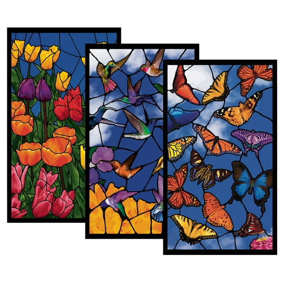 WOWindow Posters Stained Glass 3 Pack Spring Flowers, Hummingbirds and Butterflies Seasonal Summer Window Decoration and Shade Three 32"x54" Backlit Poster