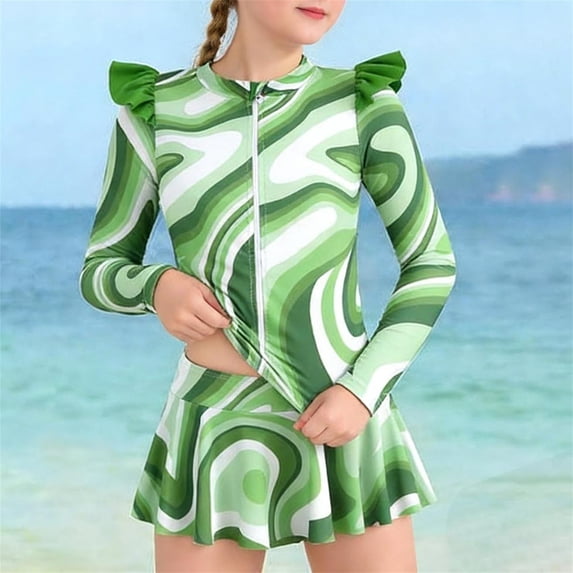 WOXIHUAN Girls 2 Piece Rash Guard Swimsuit Summer Printed Zipper Swimwear with Skirt Ruffle Long Sleeve Bathing Suit for 2-12T Green 8-10 Years