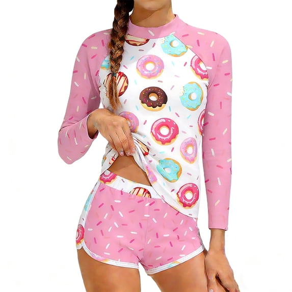 WOXIHUAN Girls 2 Pieces Rash Guard Swimsuit Long Sleeve Tankini with Shorts Printed Swimwear Pink 12-13Years