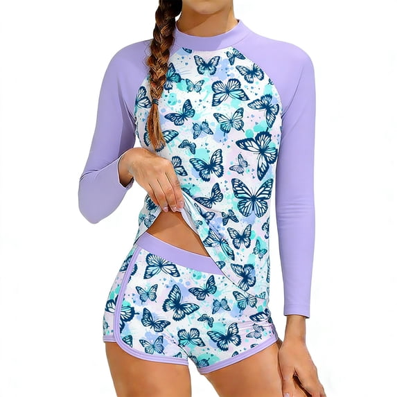 WOXIHUAN Girls 2 Pieces Rash Guard Swimsuit Long Sleeve Tankini with Shorts Printed Swimwear Purple 8-9 Years