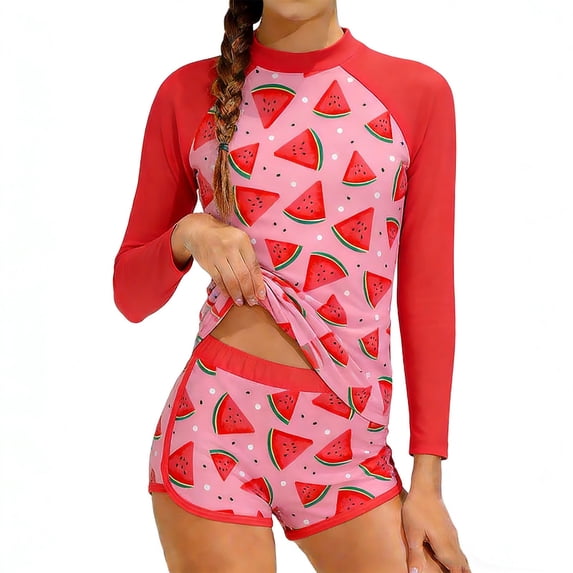 WOXIHUAN Girls 2 Pieces Rash Guard Swimsuit Long Sleeve Tankini with Shorts Printed Swimwear Watermelon Red 8-9 Years
