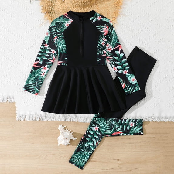 WOXIHUAN Girls Rash Guard Swimsuit 2 Piece Cute Graphic Long Sleeve Zipper Bathing Suit with Pants Kids Summer Beach Pool Skirt Sets Swimwear Black 2 4-5 Years