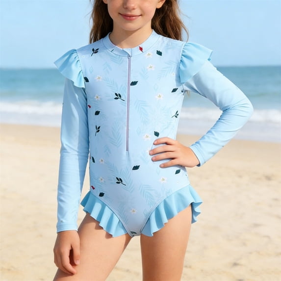WOXIHUAN Girls Rash Guard Swimsuit Teens Bathing Suits Long Sleeve One Piece Juniors Swimwear for 3-10 Years Blue 9-10 Years