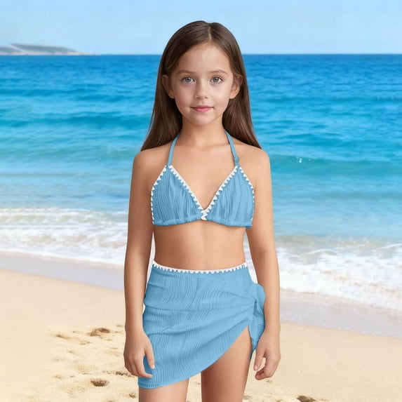 WOXIHUAN Girls Swimsuit Trendy V Neck Adjustable Straps Bikini Set High Waisted 3 Piece Bathing Suits with Cover Up for 8-16 Years Blue 15 Years