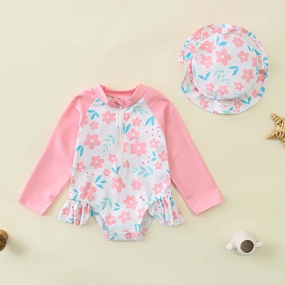 WOXIHUAN Infant Baby Girl Swimsuit One-Piece Long Sleeve Rash Guard with Hat Set Floral Zipper Bathing Suit Beach Wear Pink 6-9 Months