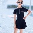 thumbnail image 1 of WOXIHUAN One Piece Swimsuit for Girls Zip Up Short Sleeve Rash Guard Swim Dress Beachwear Cute Bathing Suits Summer Holiday Outfits Black 9-10 Years, 1 of 7