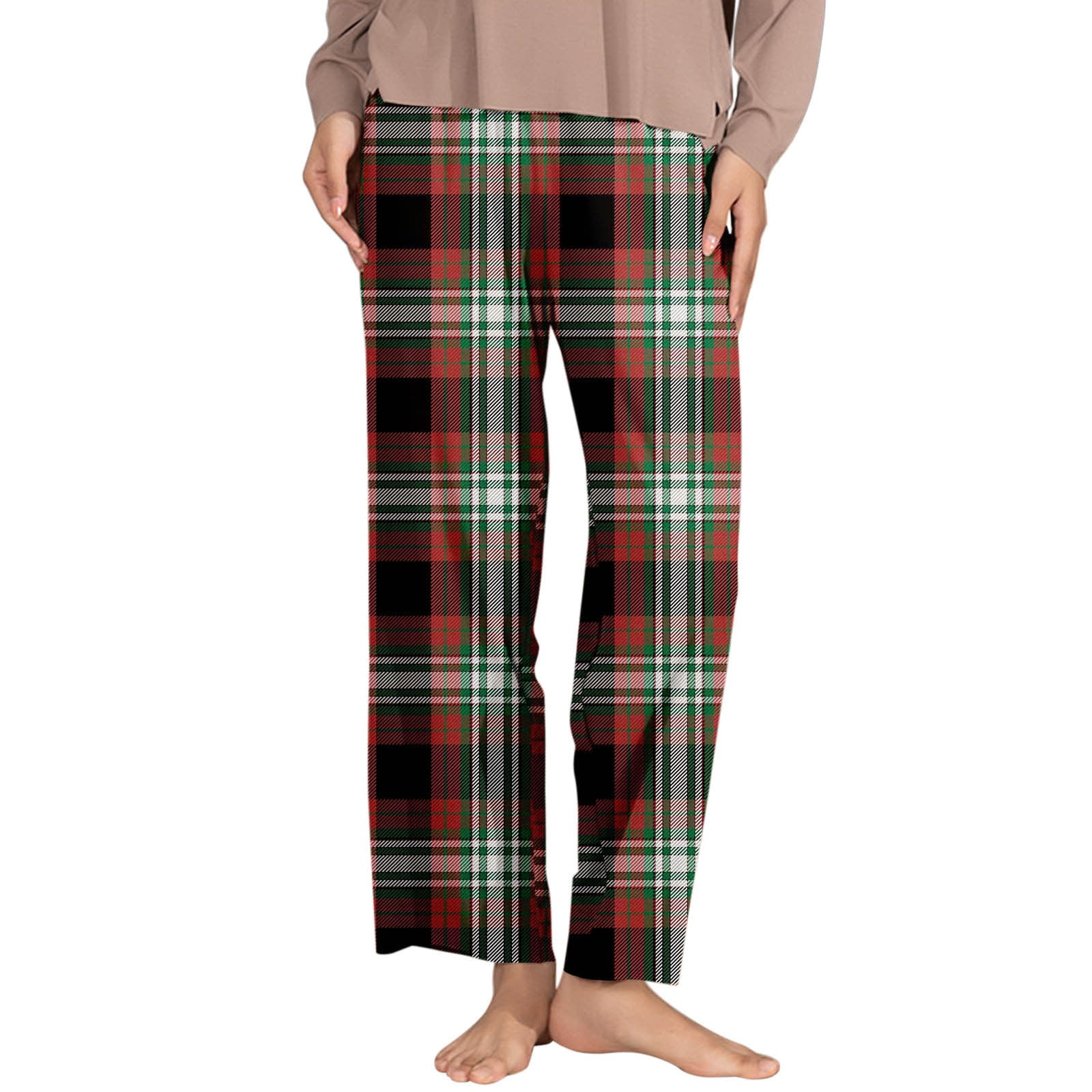 WOXINDA Womens Classic Plaid Elastic Waist Side Pockets Trousers Casual