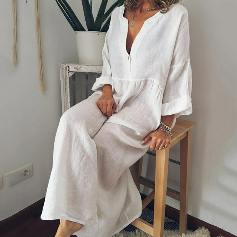 WOXINDA Womens Summer Long Sleeve Linen Dress Loose A Line Solid