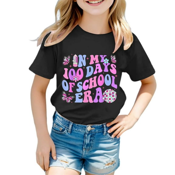 WOYY 100 Days of School Shirt for Kids Girls Child Short Sleeved T-Shirt Soft Graphic Tee