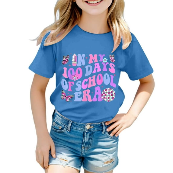 WOYY 100 Days of School Shirt for Kids Girls Child Short Sleeved T-Shirt Soft Graphic Tee